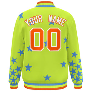 Custom Neon Green Orange-White Star Graffiti Pattern Varsity Full-Snap Bomber Jacket