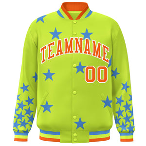 Custom Neon Green Orange-White Star Graffiti Pattern Varsity Full-Snap Bomber Jacket