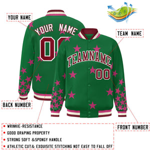 Custom Kelly Green Crimson-White Star Graffiti Pattern Varsity Full-Snap Bomber Jacket