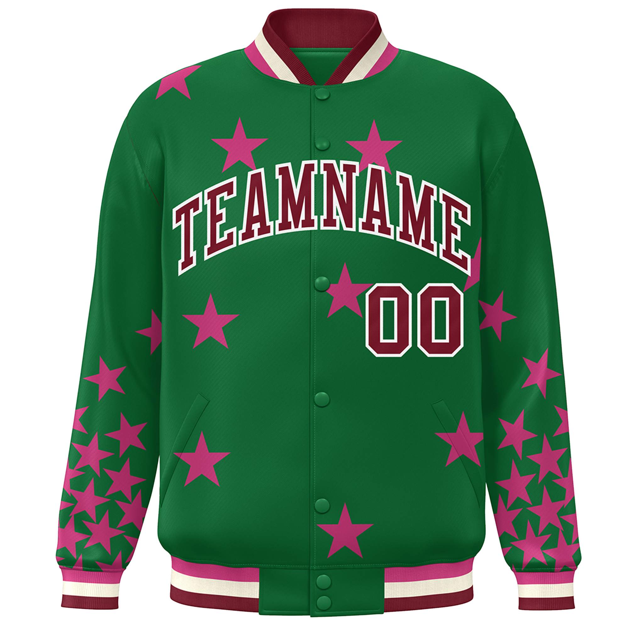 Custom Kelly Green Crimson-White Star Graffiti Pattern Varsity Full-Snap Bomber Jacket