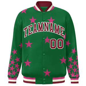 Custom Kelly Green Crimson-White Star Graffiti Pattern Varsity Full-Snap Bomber Jacket