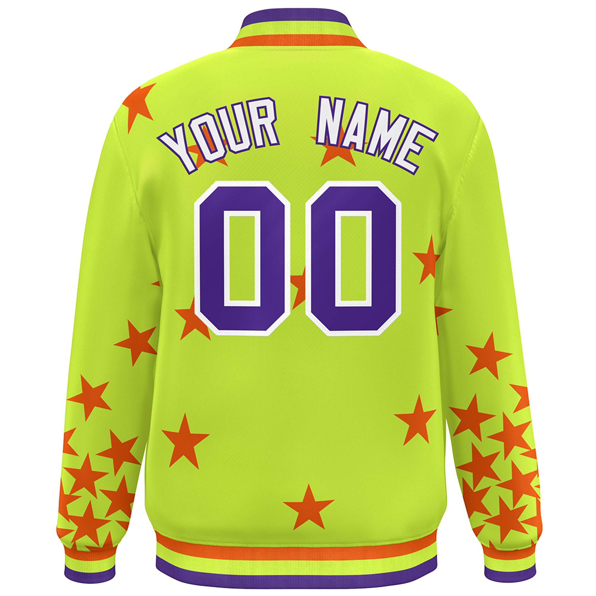 Custom Neon Green Purple-White Star Graffiti Pattern Varsity Full-Snap Bomber Jacket