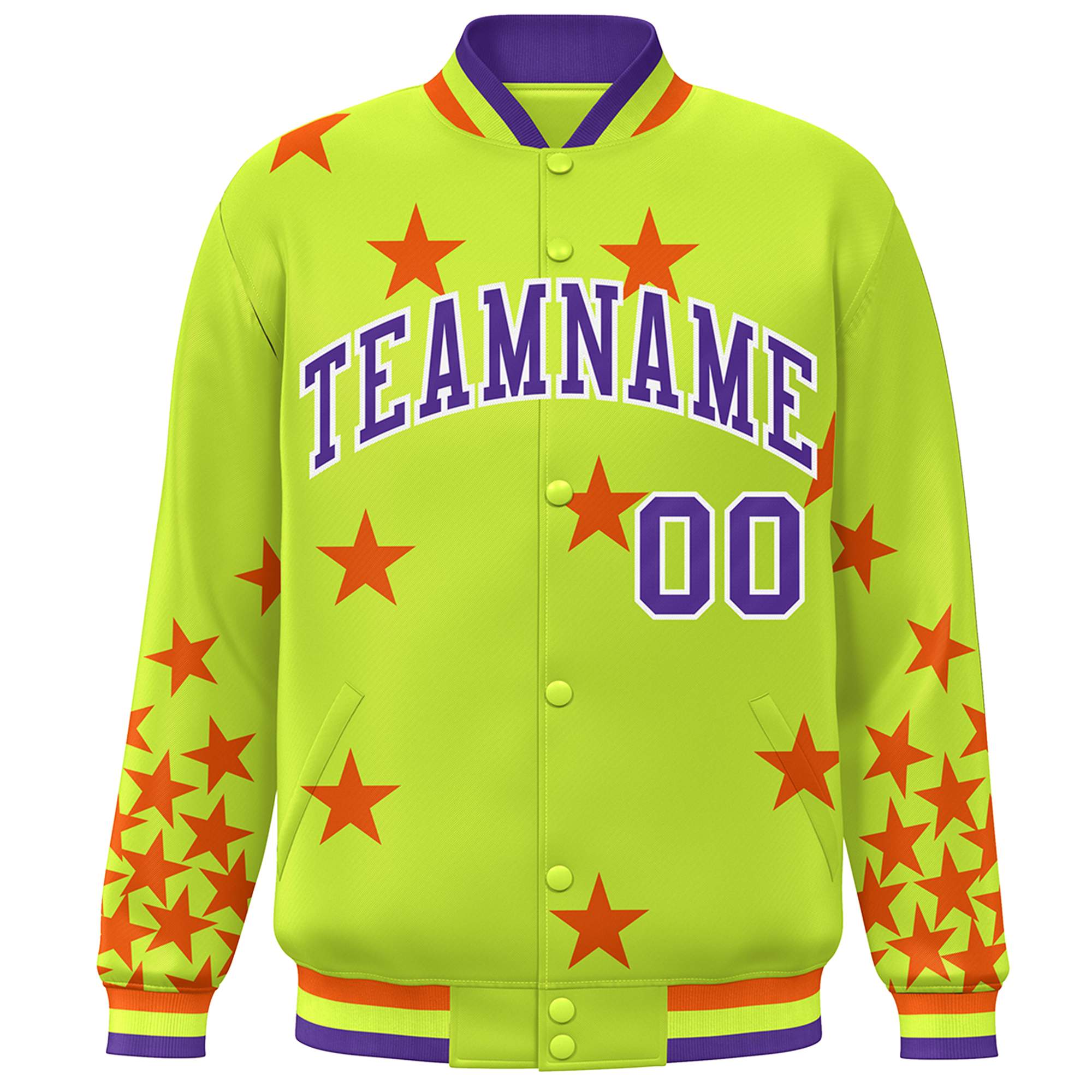 Custom Neon Green Purple-White Star Graffiti Pattern Varsity Full-Snap Bomber Jacket