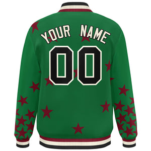 Custom Kelly Green Black-White Star Graffiti Pattern Varsity Full-Snap Bomber Jacket