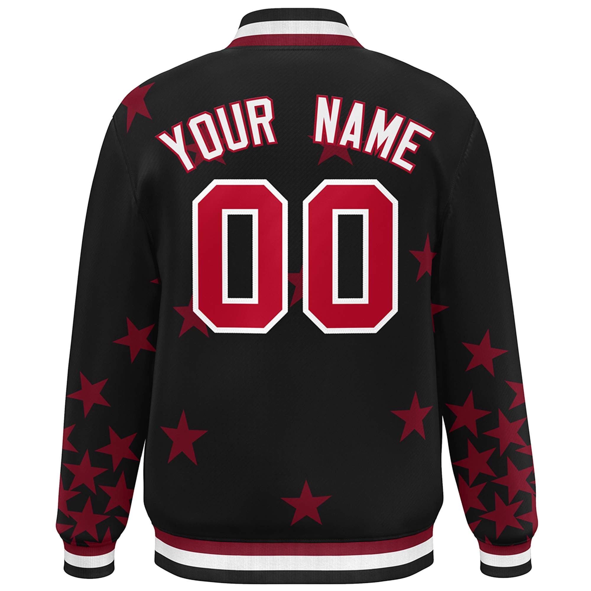 Custom Black White-Red Star Graffiti Pattern Varsity Full-Snap Bomber Jacket