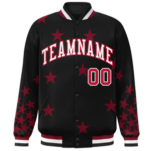 Custom Black White-Red Star Graffiti Pattern Varsity Full-Snap Bomber Jacket