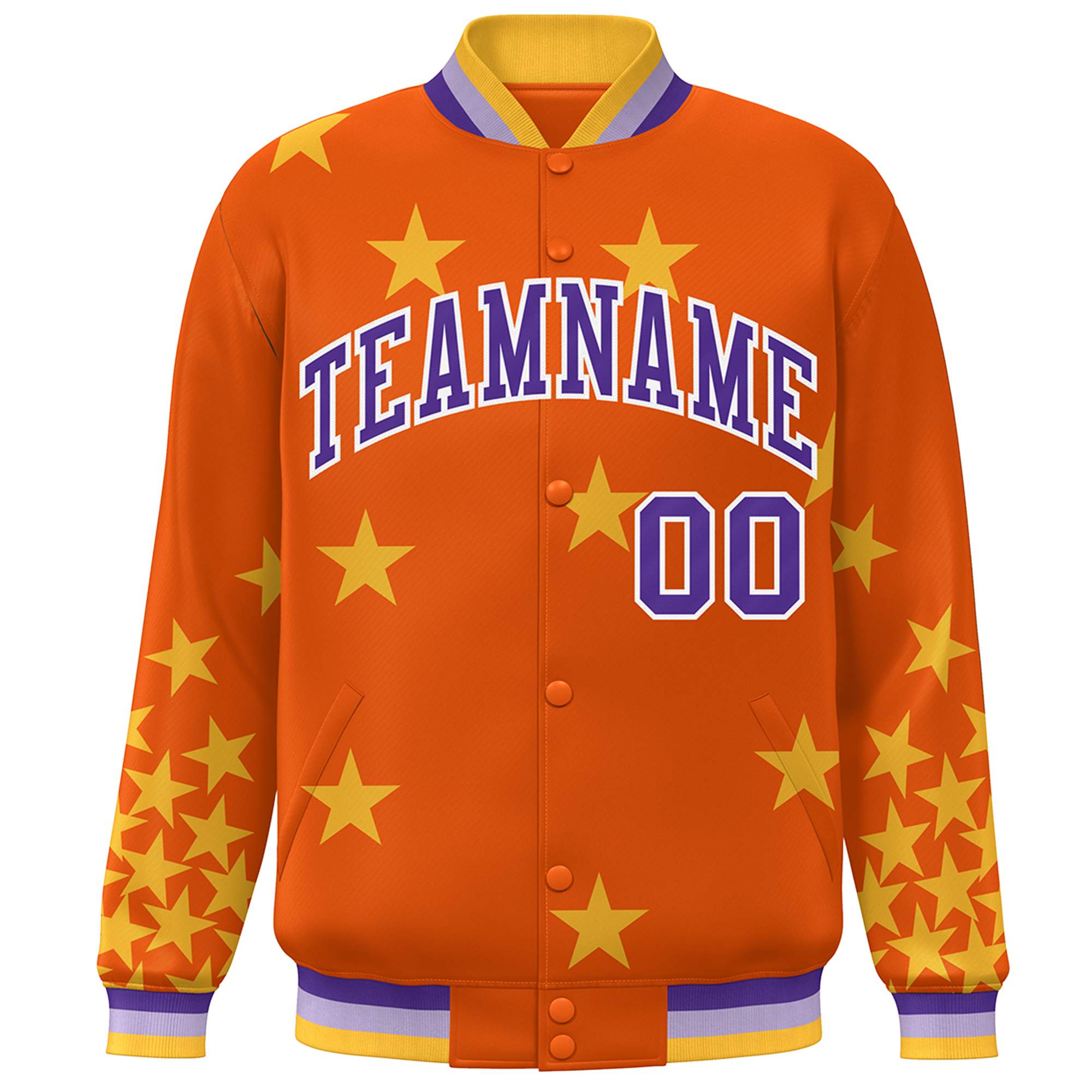 Custom Orange Purple-White Star Graffiti Pattern Varsity Full-Snap Bomber Jacket