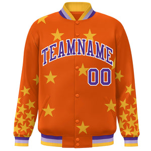 Custom Orange Purple-White Star Graffiti Pattern Varsity Full-Snap Bomber Jacket