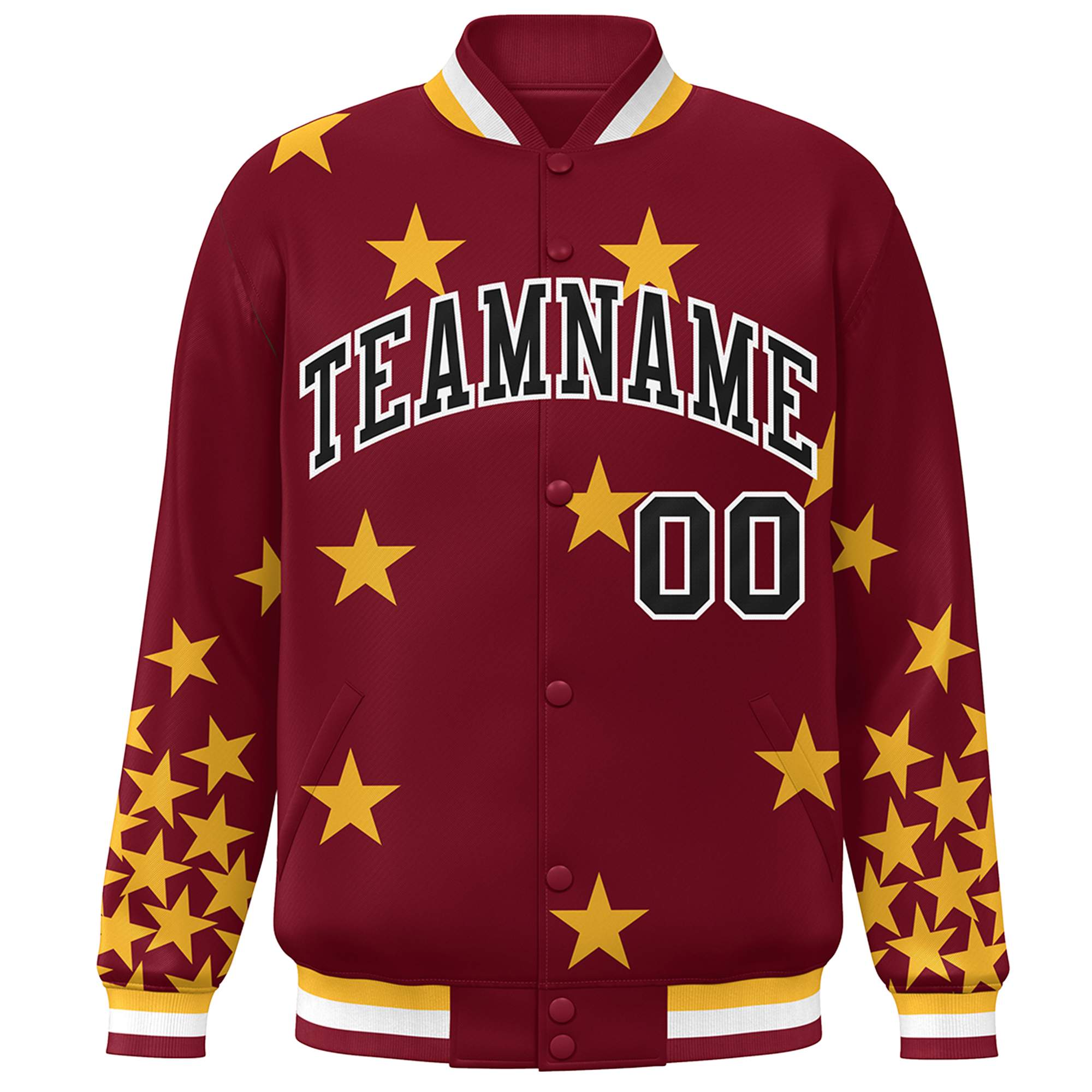 Custom Crimson Black-White Star Graffiti Pattern Varsity Full-Snap Bomber Jacket