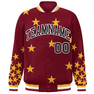 Custom Crimson Black-White Star Graffiti Pattern Varsity Full-Snap Bomber Jacket