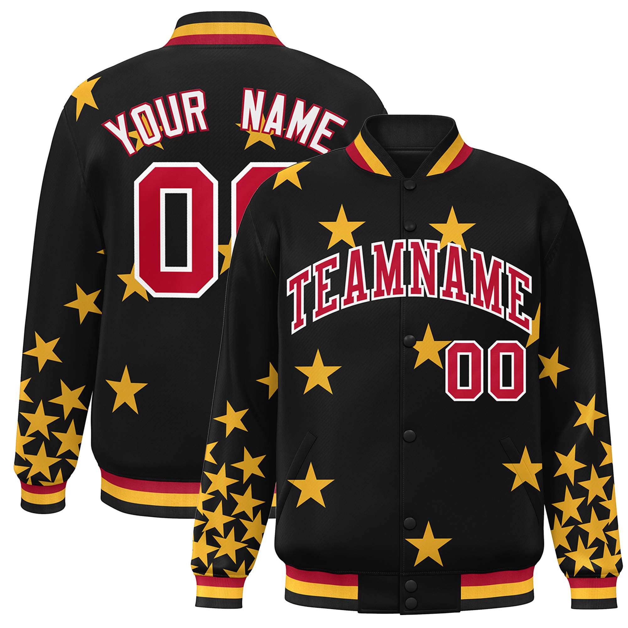 Custom Black Red-White Star Graffiti Pattern Varsity Full-Snap Bomber Jacket