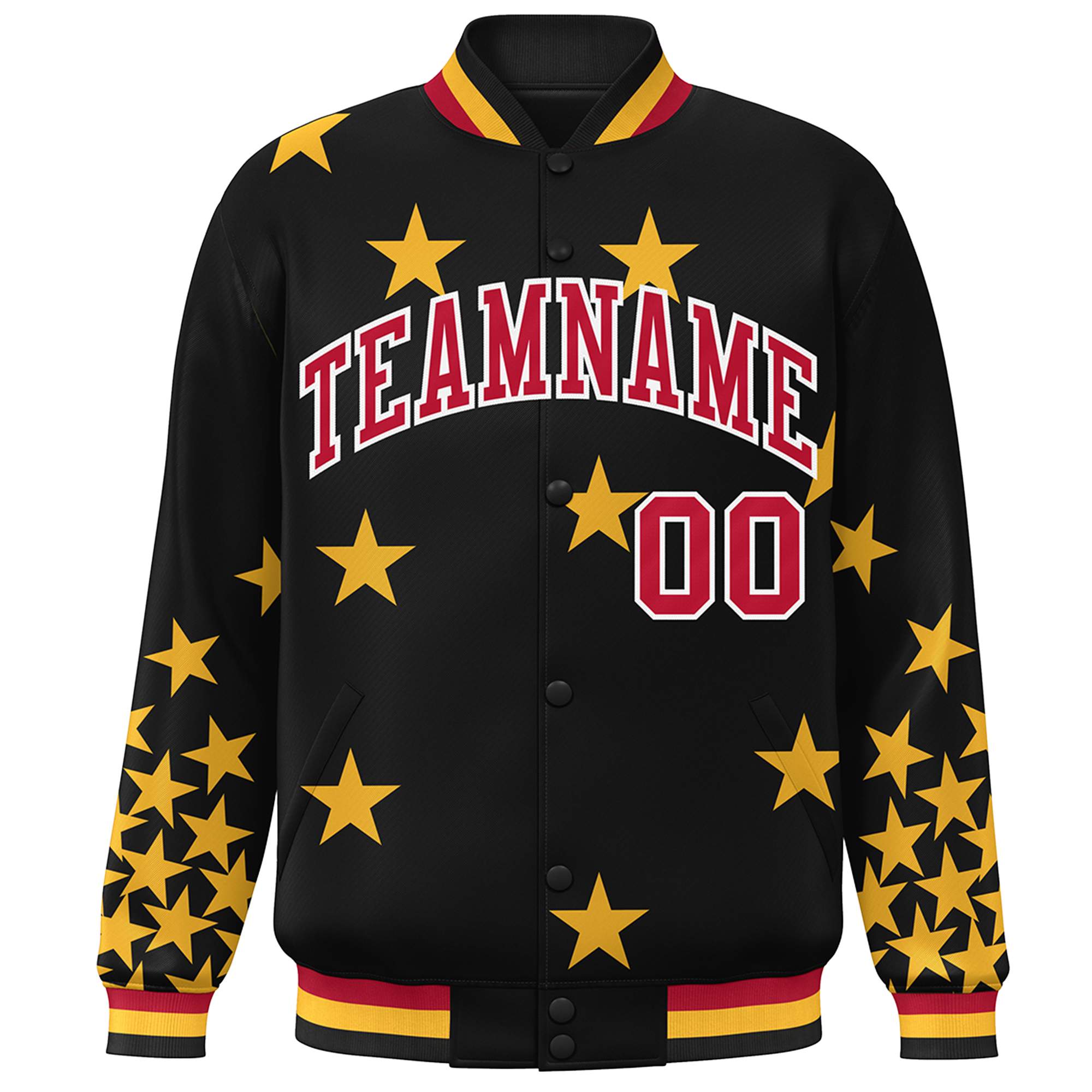 Custom Black Red-White Star Graffiti Pattern Varsity Full-Snap Bomber Jacket