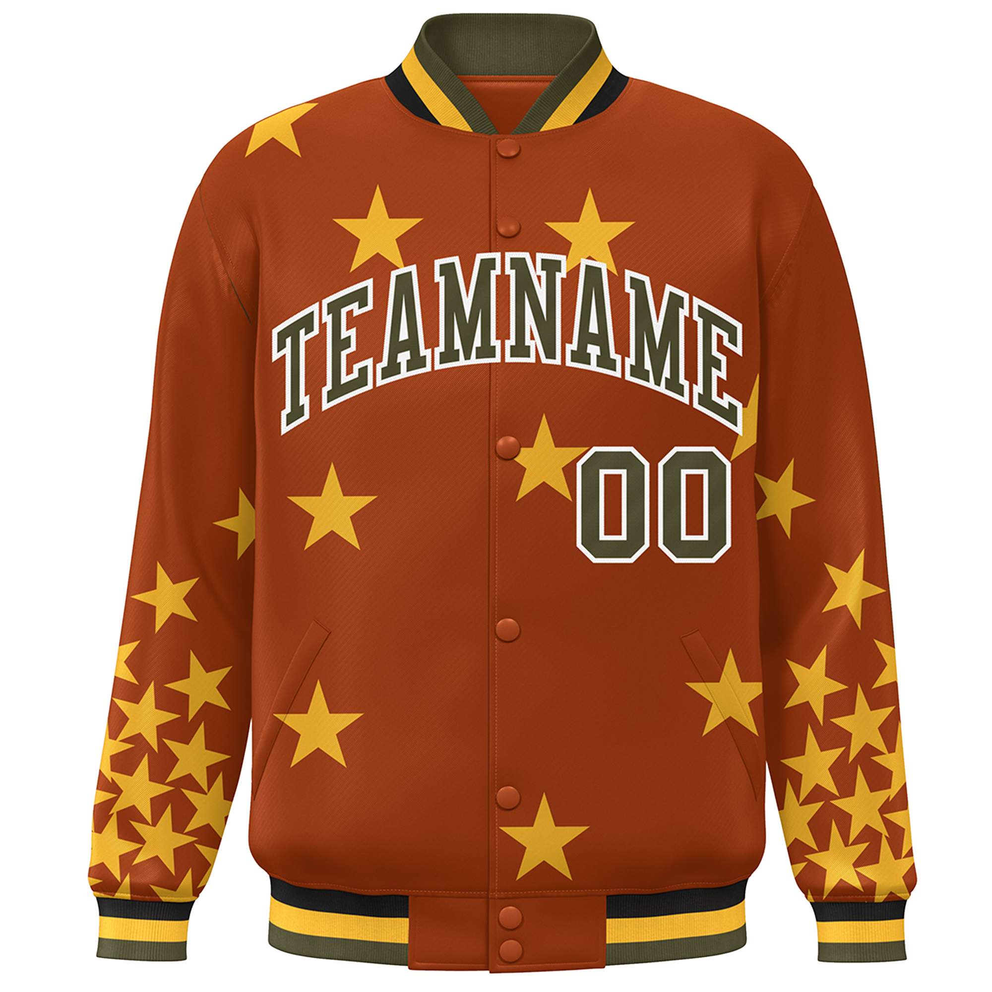 Custom Orange Olive-White Star Graffiti Pattern Varsity Full-Snap Bomber Jacket