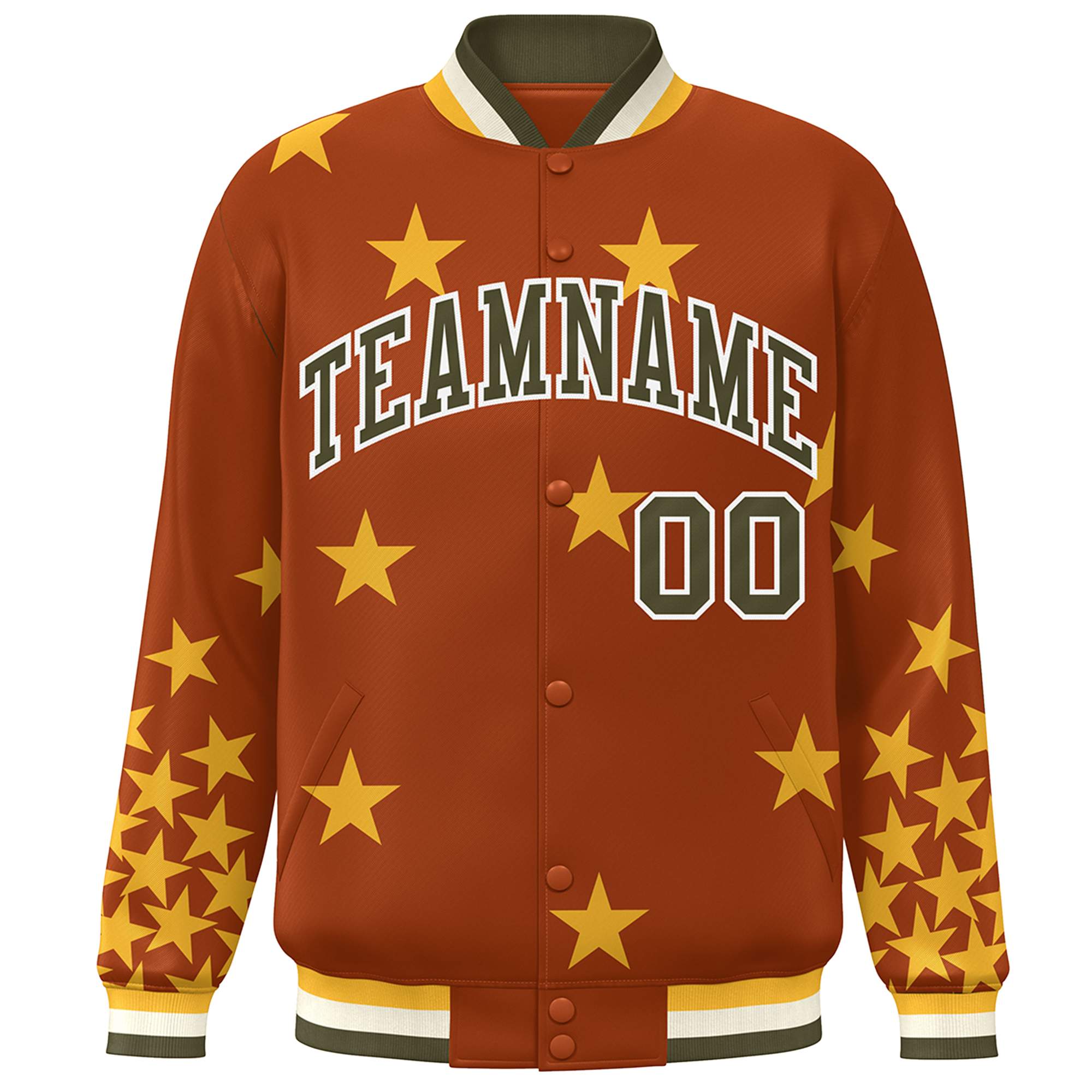 Custom Orange Olive-White Star Graffiti Pattern Varsity Full-Snap Bomber Jacket