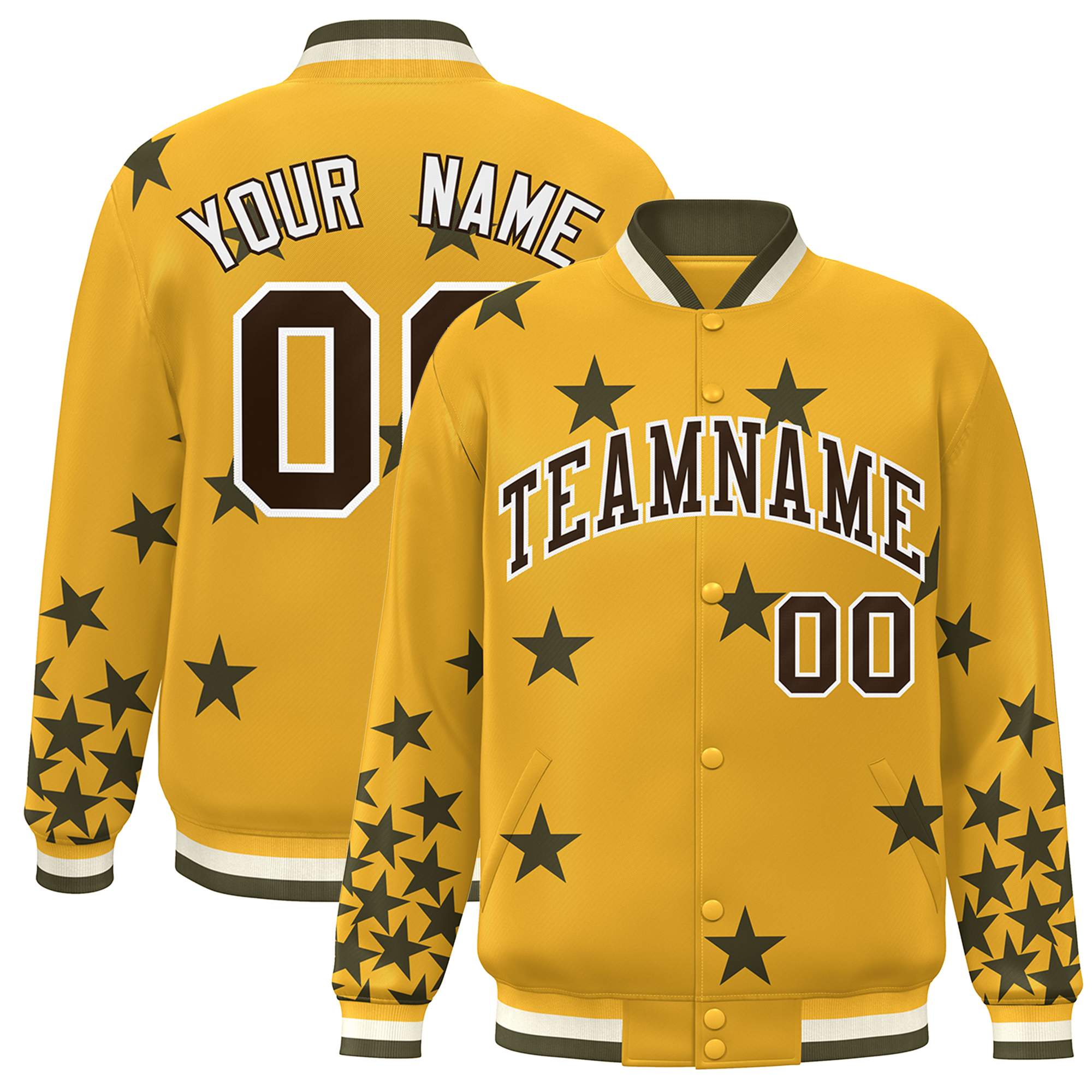 Custom Gold Black-White Star Graffiti Pattern Varsity Full-Snap Bomber Jacket