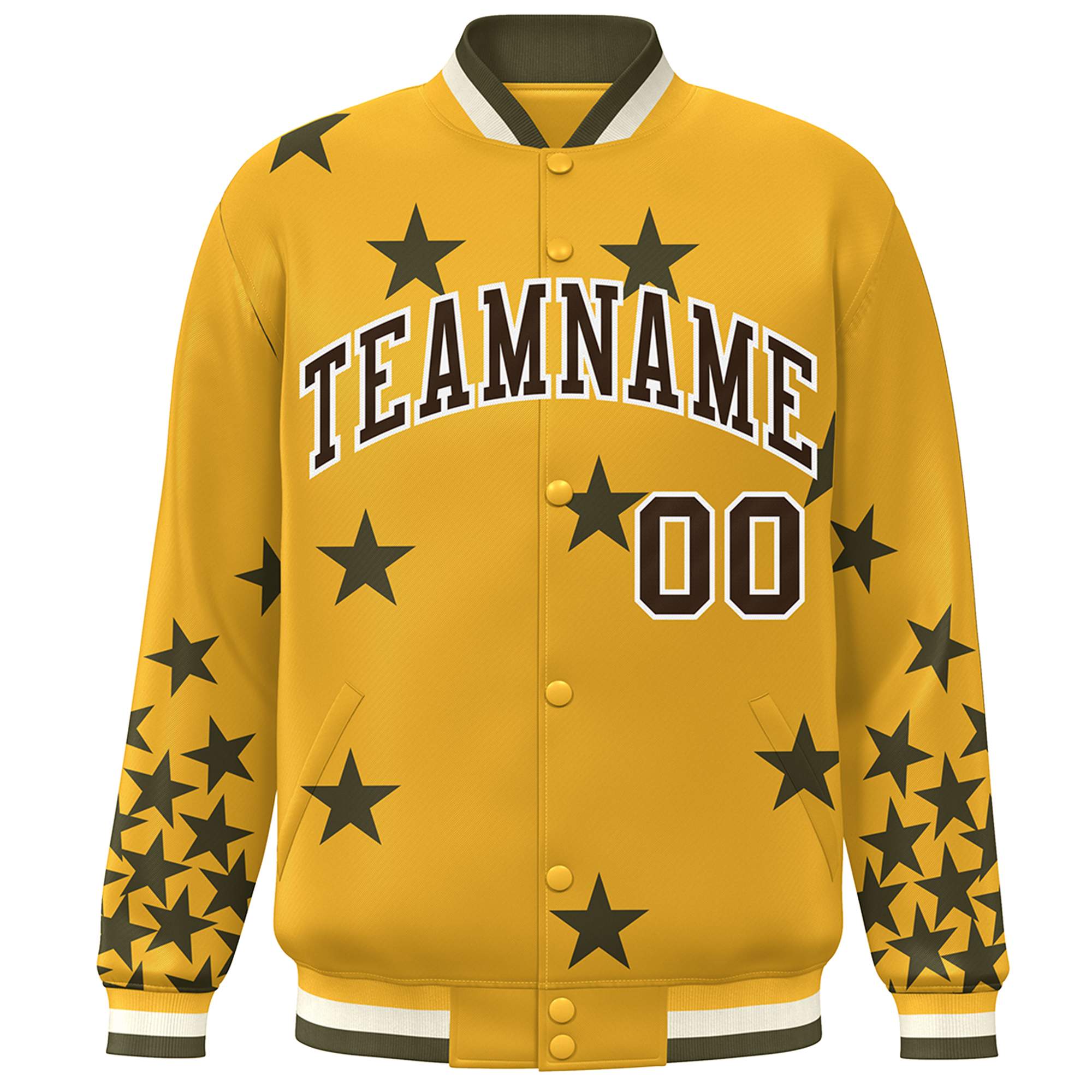 Custom Gold Black-White Star Graffiti Pattern Varsity Full-Snap Bomber Jacket