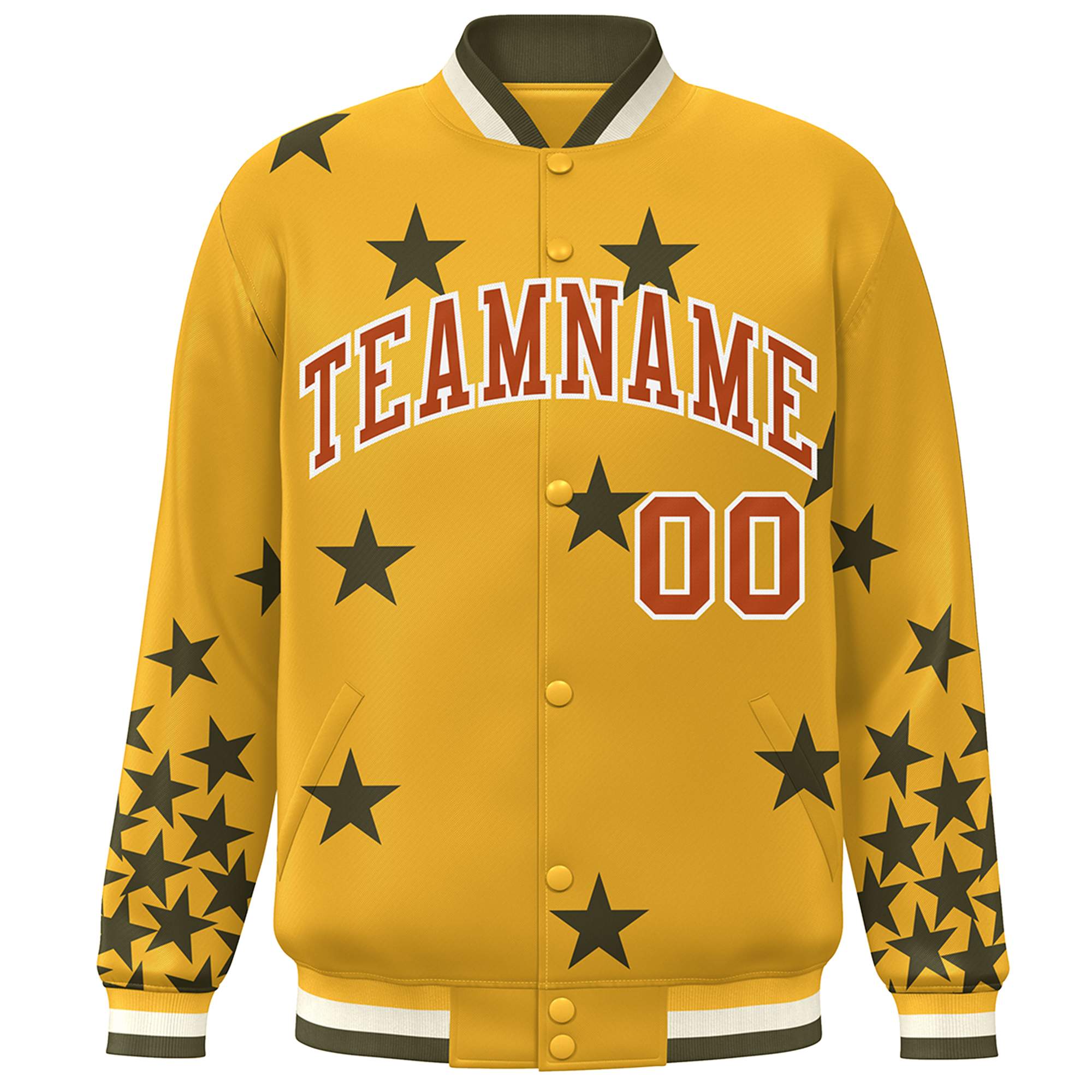 Custom Gold Brown-White Star Graffiti Pattern Varsity Full-Snap Bomber Jacket