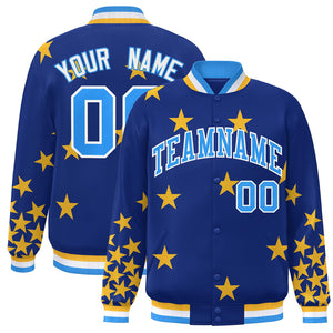 Custom Royal Powder Blue-White Star Graffiti Pattern Varsity Full-Snap Bomber Jacket