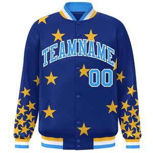 Custom Royal Powder Blue-White Star Graffiti Pattern Varsity Full-Snap Bomber Jacket