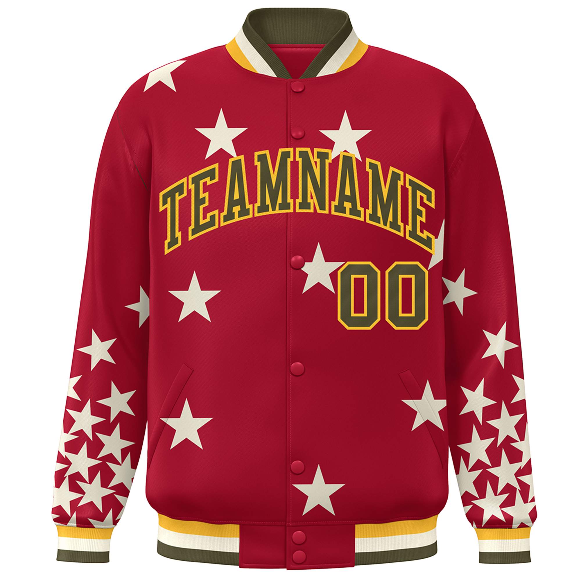 Custom Red Olive-Yellow Star Graffiti Pattern Varsity Full-Snap Bomber Jacket