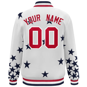 Custom White Red Star Graffiti Pattern Varsity Full-Snap Bomber Jacket