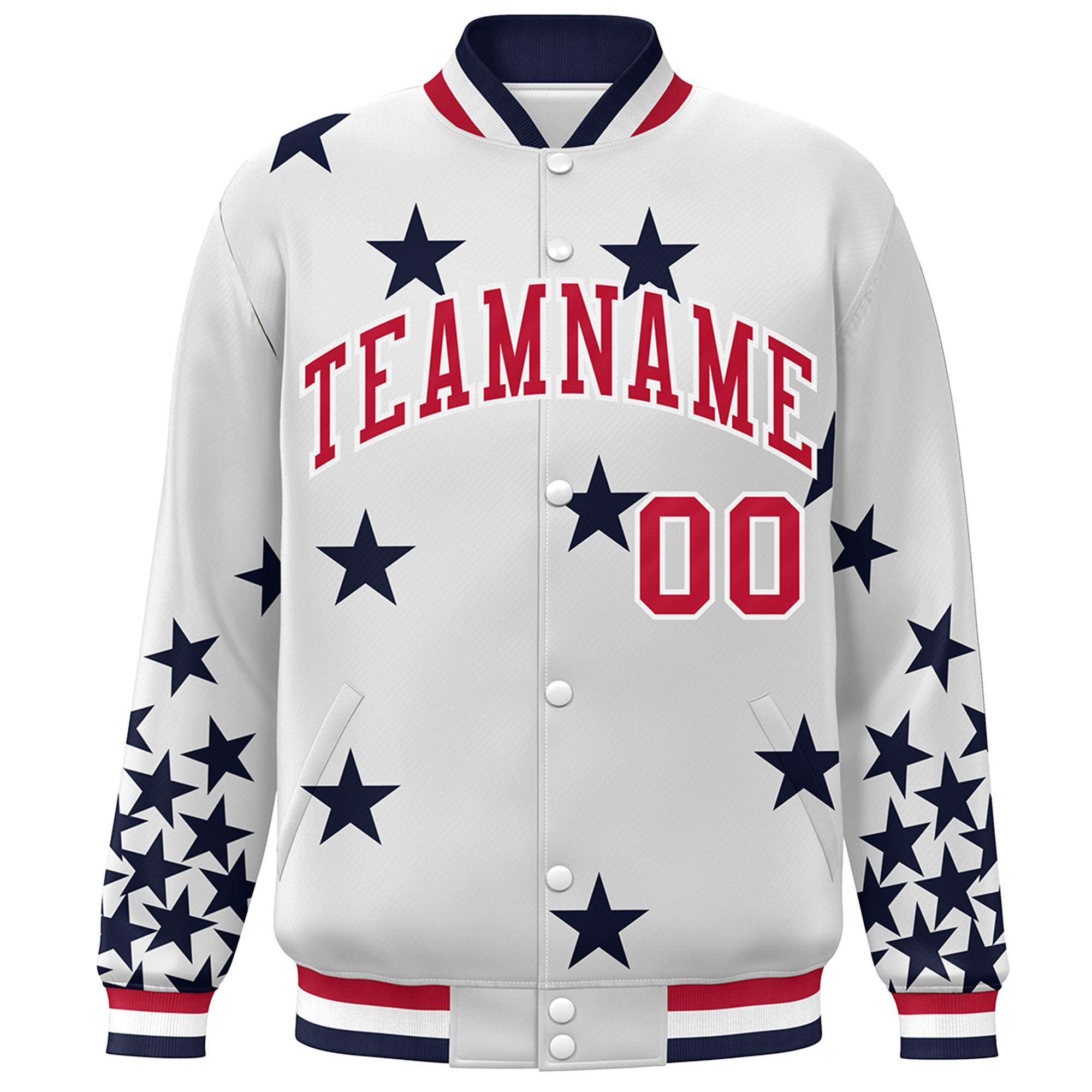 Custom White Red Star Graffiti Pattern Varsity Full-Snap Bomber Jacket