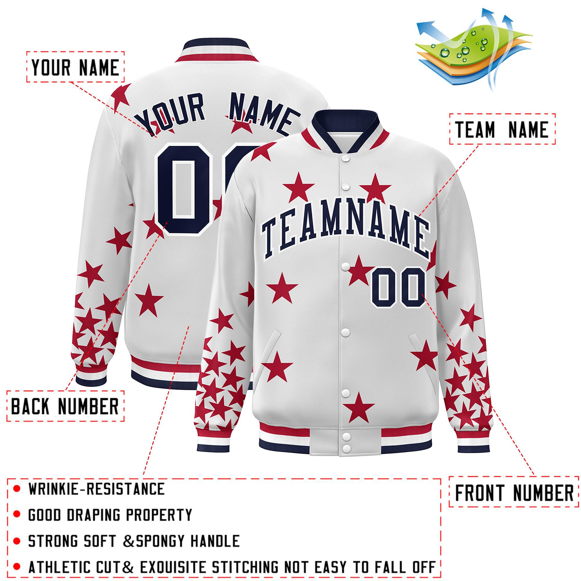 Custom White Navy Star Graffiti Pattern Varsity Full-Snap Bomber Jacket