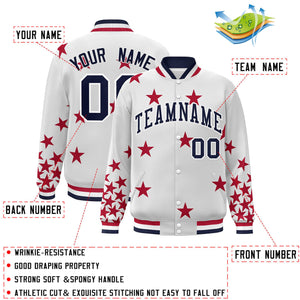 Custom White Navy Star Graffiti Pattern Varsity Full-Snap Bomber Jacket