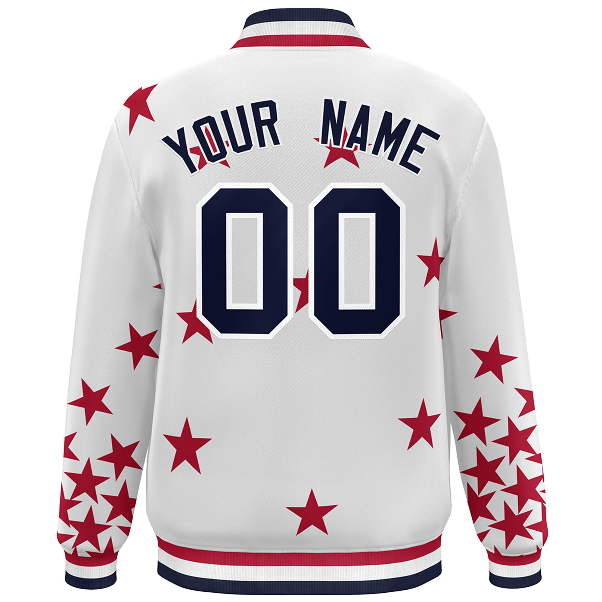 Custom White Navy Star Graffiti Pattern Varsity Full-Snap Bomber Jacket