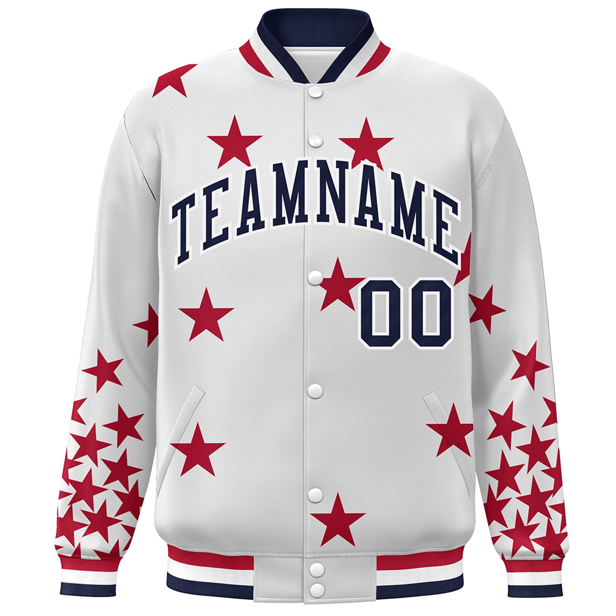 Custom White Navy Star Graffiti Pattern Varsity Full-Snap Bomber Jacket