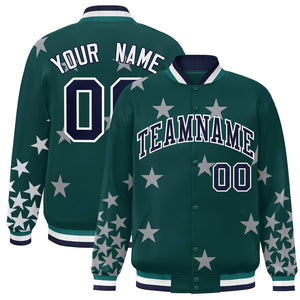 Custom Midnight Green Navy-White Star Graffiti Pattern Varsity Full-Snap Bomber Jacket