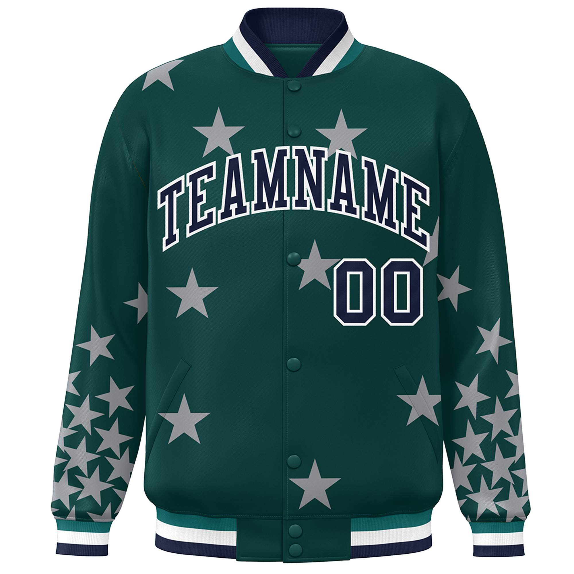 Custom Midnight Green Navy-White Star Graffiti Pattern Varsity Full-Snap Bomber Jacket