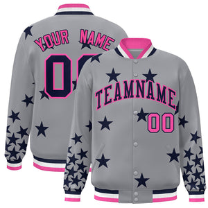 Custom Gray Navy-Pink Star Graffiti Pattern Varsity Full-Snap Bomber Jacket