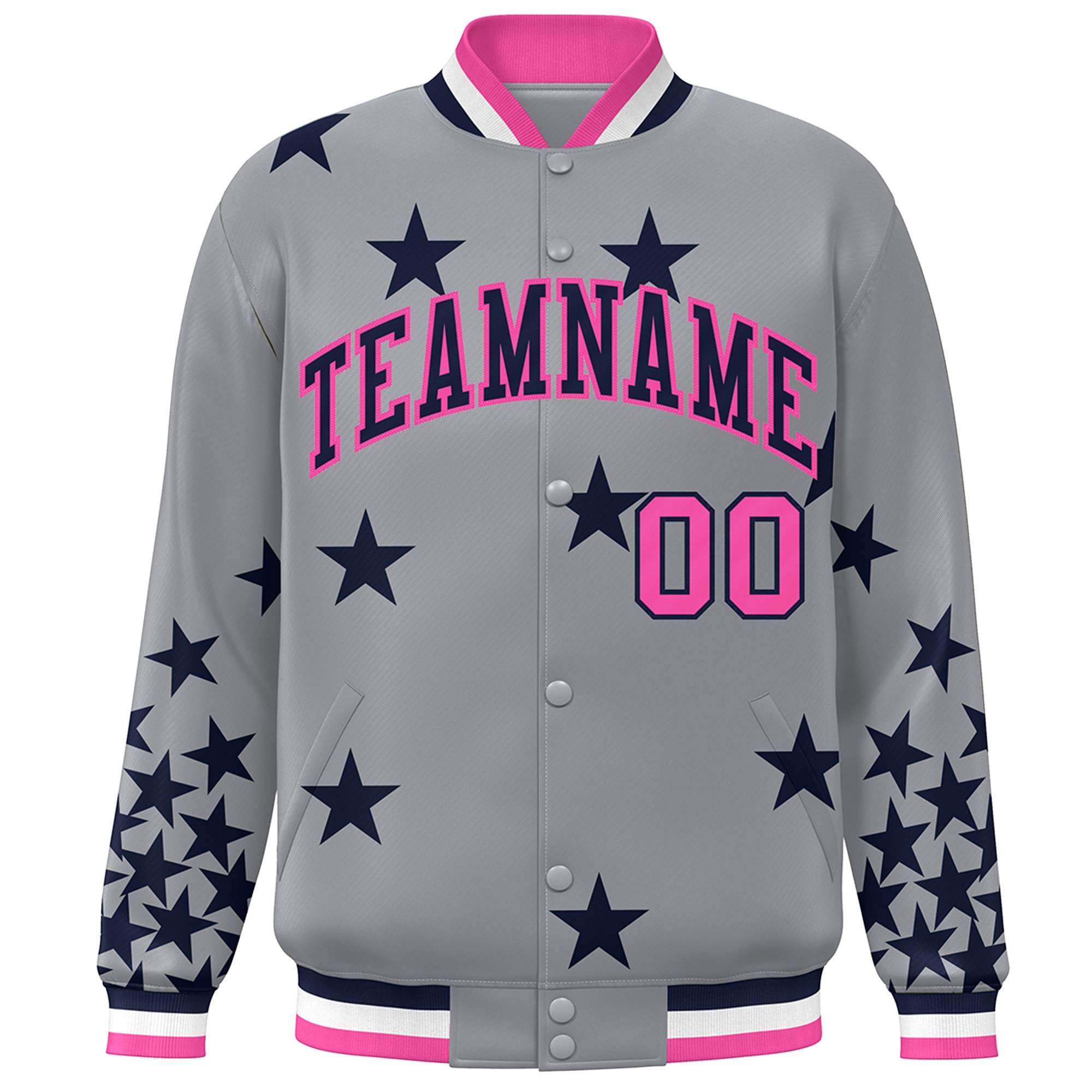 Custom Gray Navy-Pink Star Graffiti Pattern Varsity Full-Snap Bomber Jacket