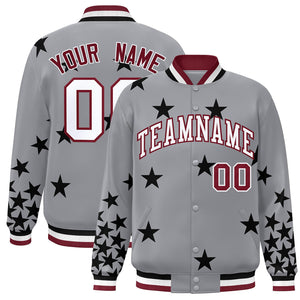 Custom Gray White-Crimson Star Graffiti Pattern Varsity Full-Snap Bomber Jacket