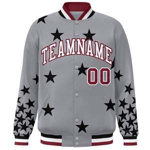 Custom Gray White-Crimson Star Graffiti Pattern Varsity Full-Snap Bomber Jacket