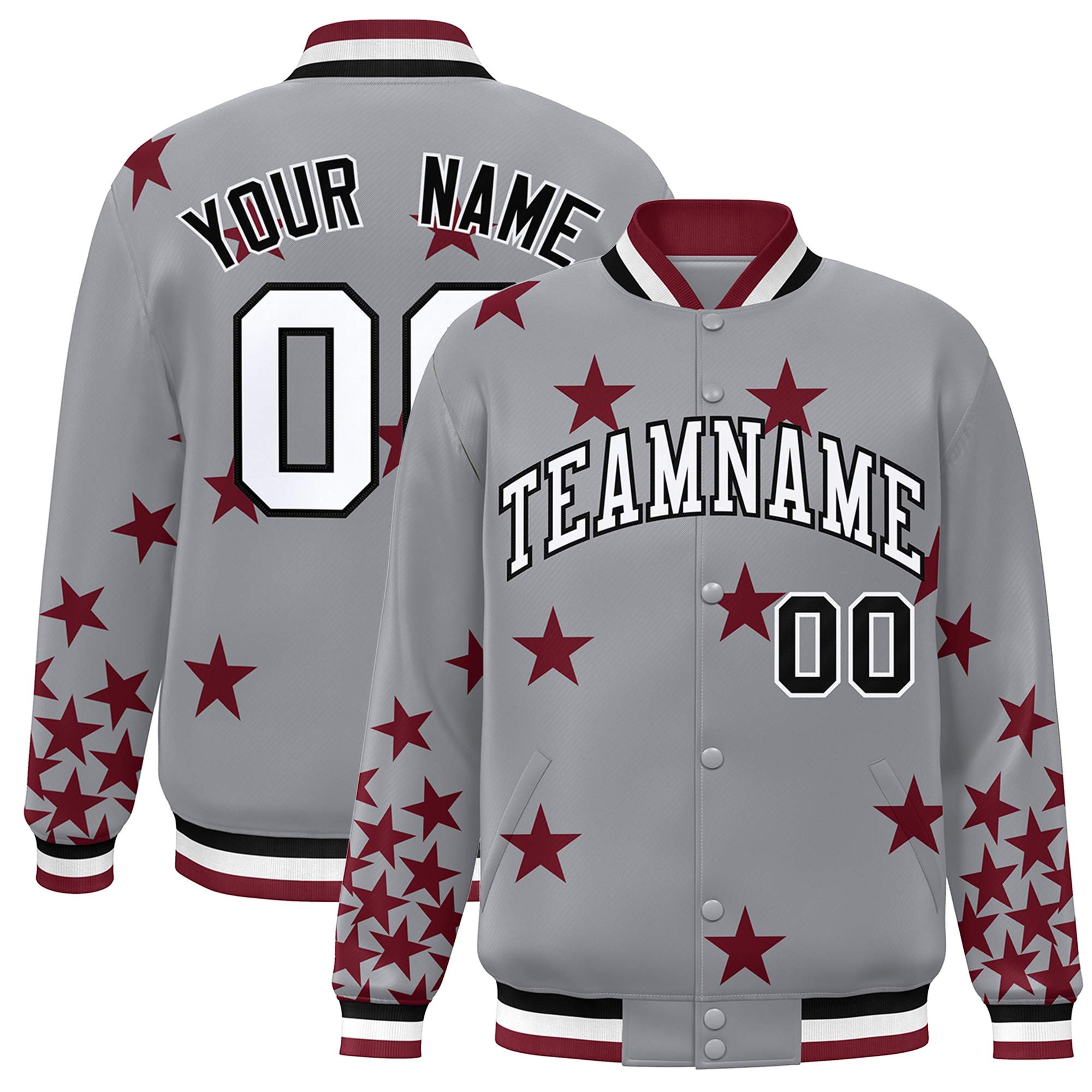 Custom Gray White-Black Star Graffiti Pattern Varsity Full-Snap Bomber Jacket