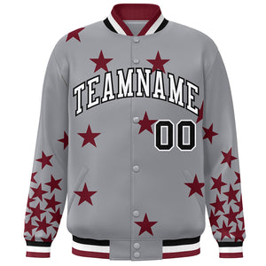 Custom Gray White-Black Star Graffiti Pattern Varsity Full-Snap Bomber Jacket