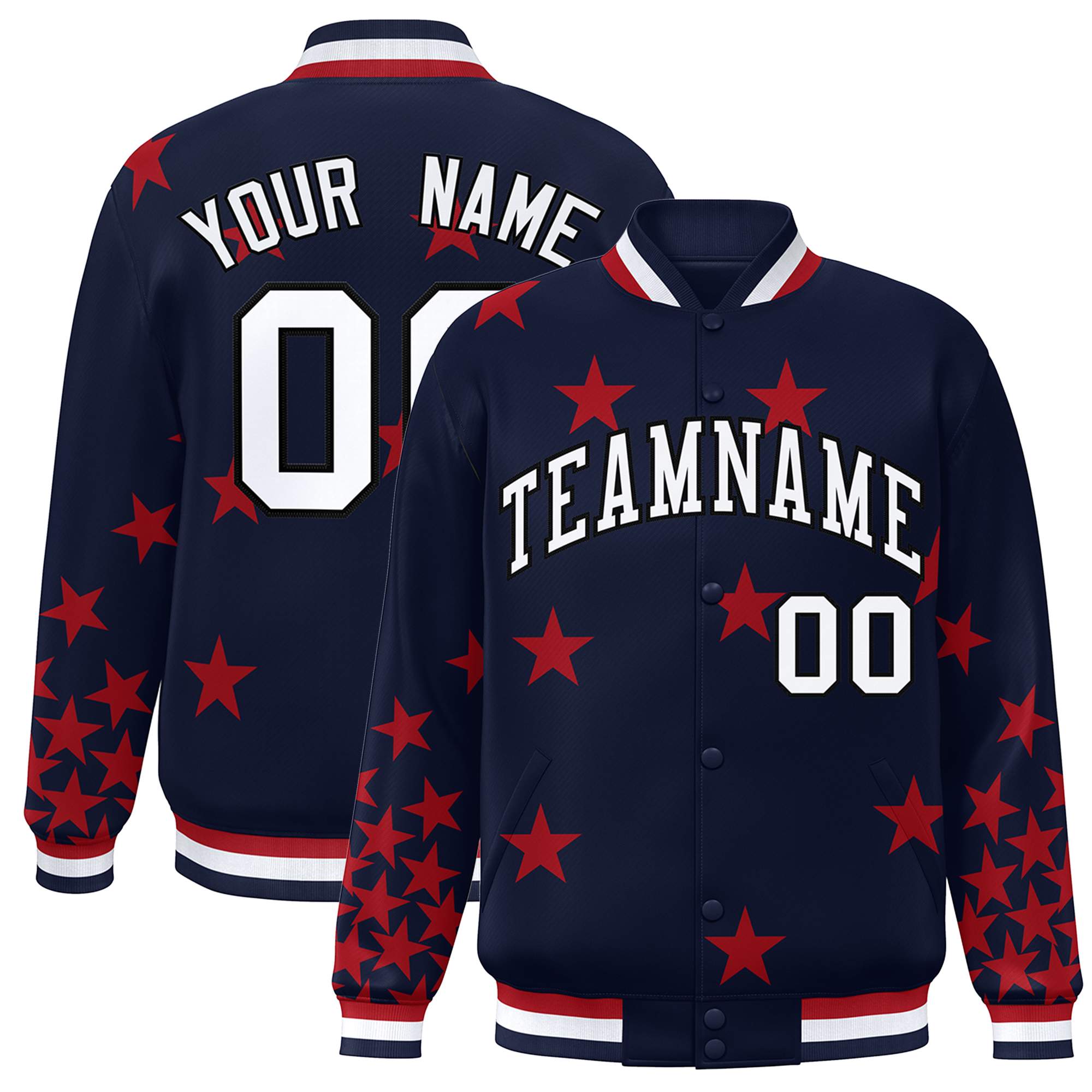 Custom Navy White Star Graffiti Pattern Varsity Full-Snap Bomber Jacket