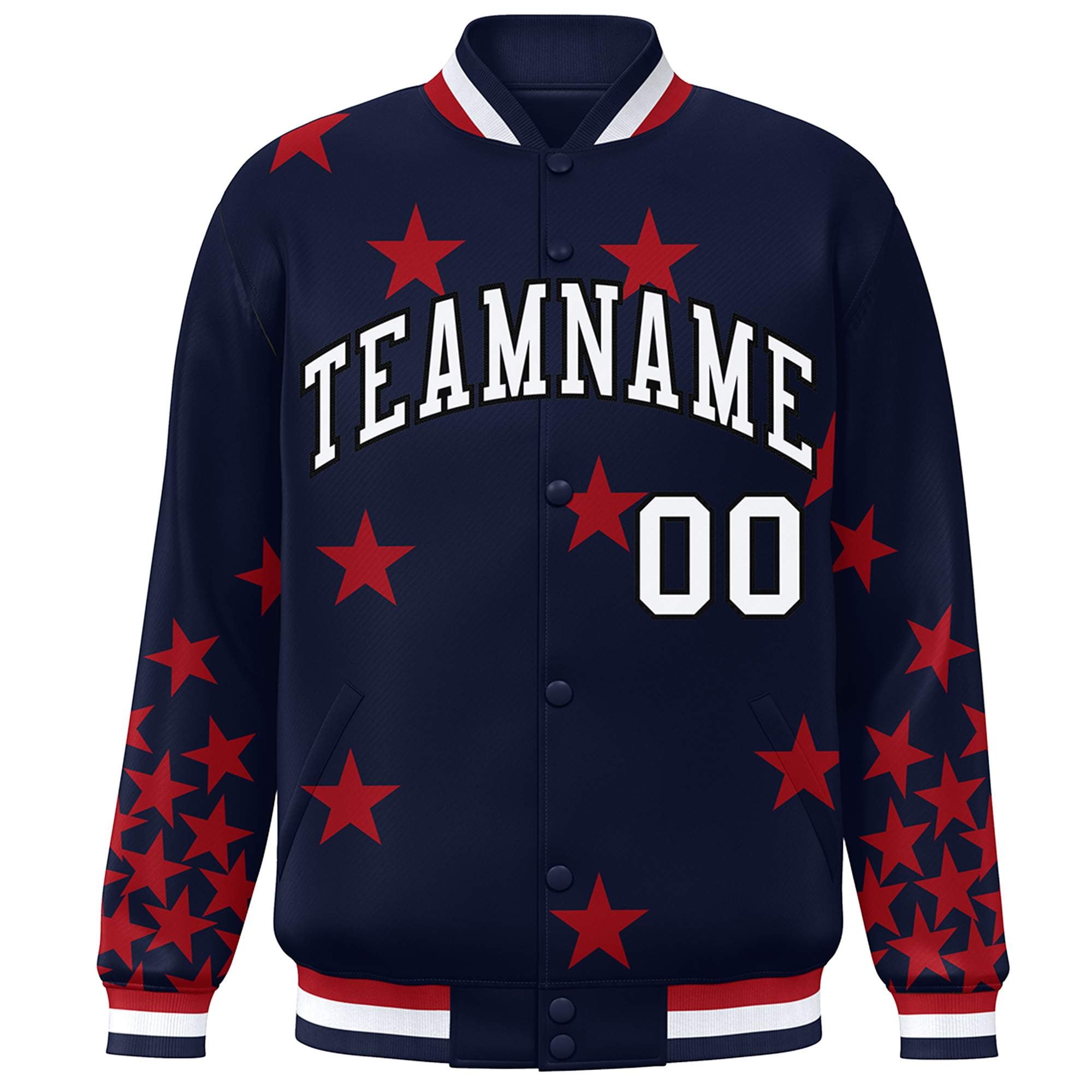 Custom Navy White Star Graffiti Pattern Varsity Full-Snap Bomber Jacket