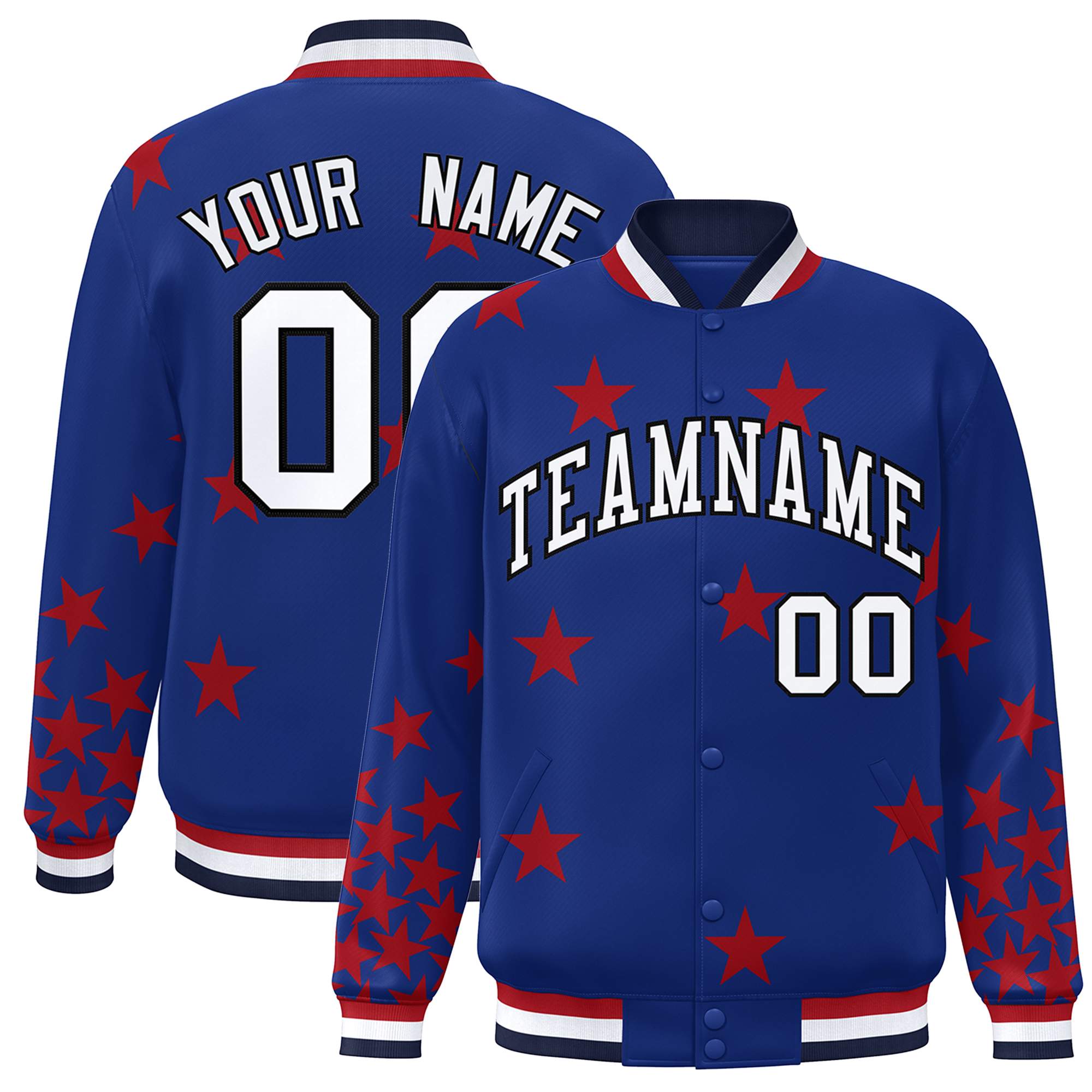 Custom Royal White Star Graffiti Pattern Varsity Full-Snap Bomber Jacket