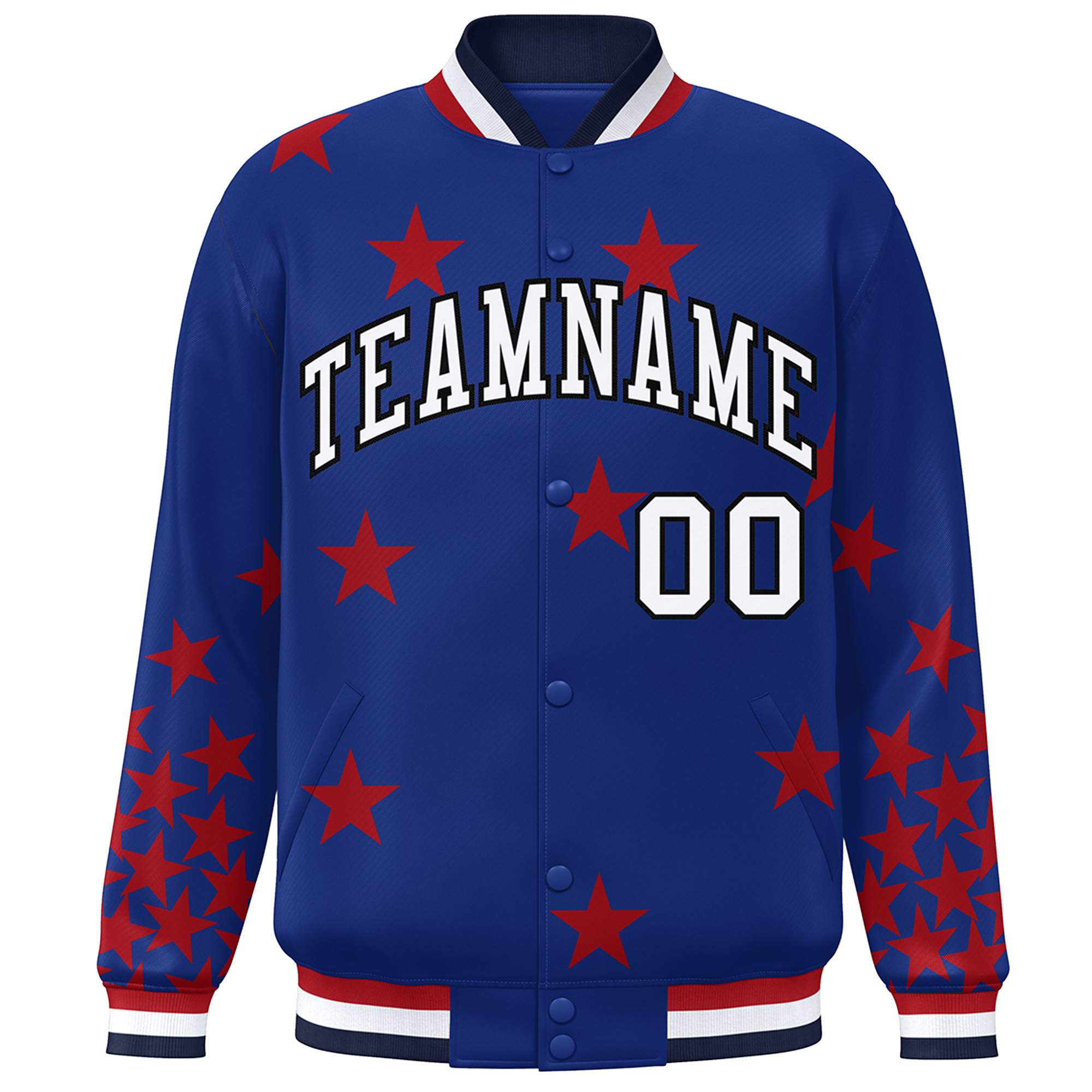 Custom Royal White Star Graffiti Pattern Varsity Full-Snap Bomber Jacket