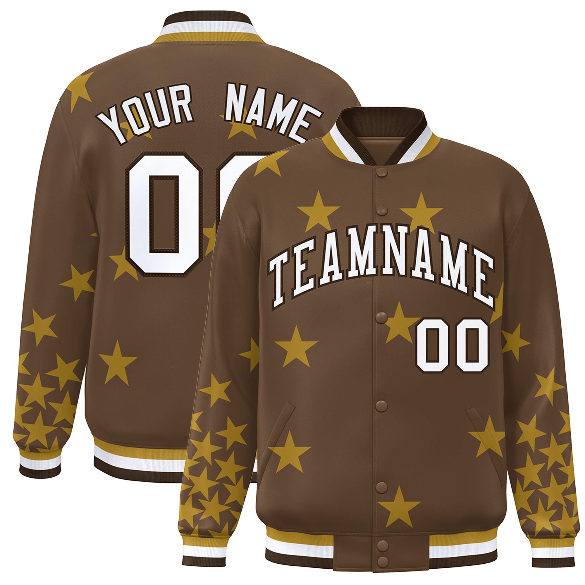 Custom Brown White Star Graffiti Pattern Varsity Full-Snap Bomber Jacket