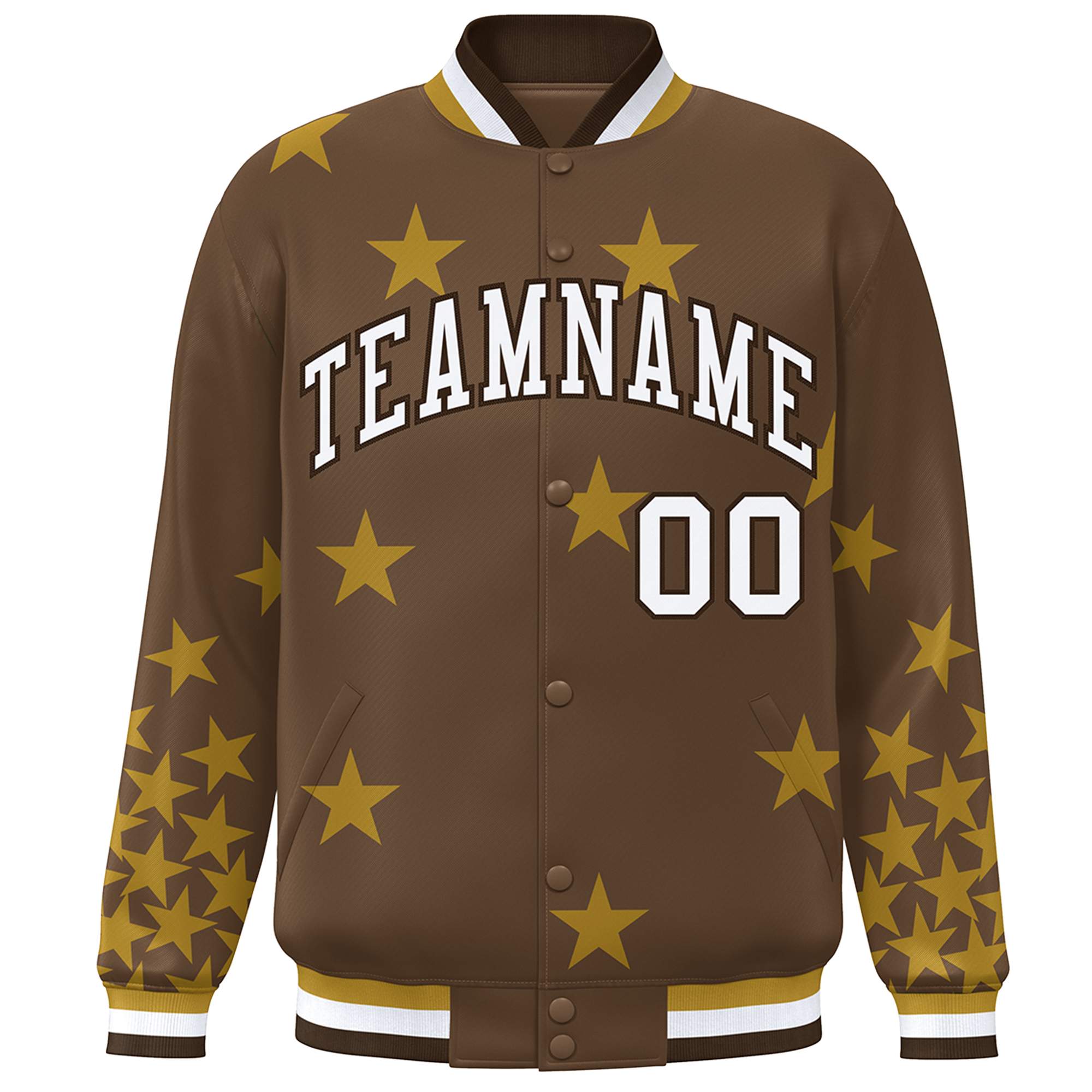 Custom Brown White Star Graffiti Pattern Varsity Full-Snap Bomber Jacket