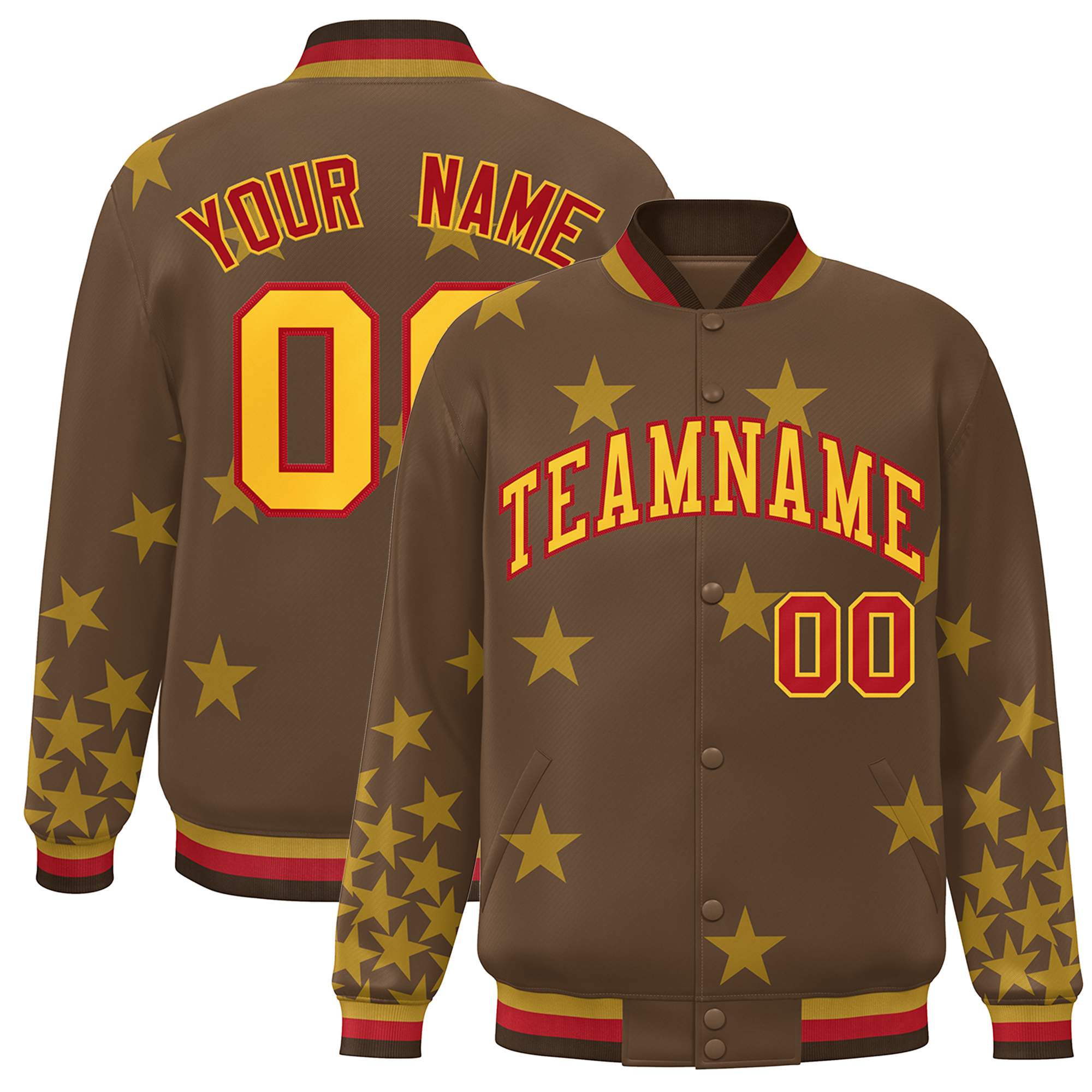 Custom Brown Yellow-Red Star Graffiti Pattern Varsity Full-Snap Bomber Jacket