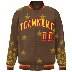 Custom Brown Yellow-Red Star Graffiti Pattern Varsity Full-Snap Bomber Jacket