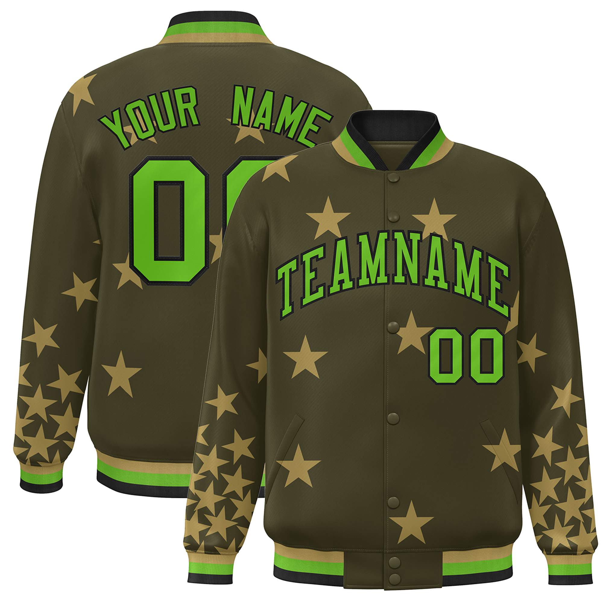 Custom Olive Green-Black Star Graffiti Pattern Varsity Full-Snap Bomber Jacket