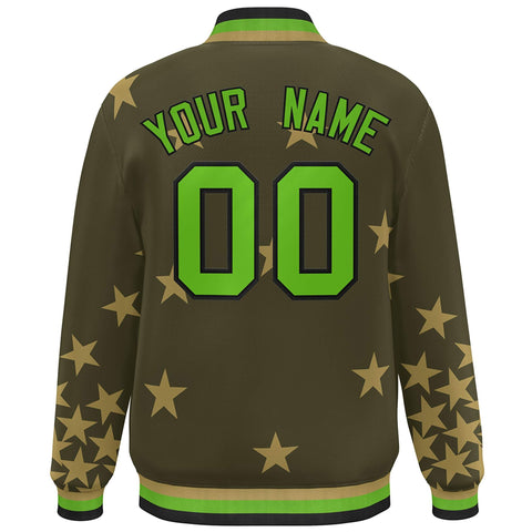 Custom Olive Green-Black Star Graffiti Pattern Varsity Full-Snap Bomber Jacket