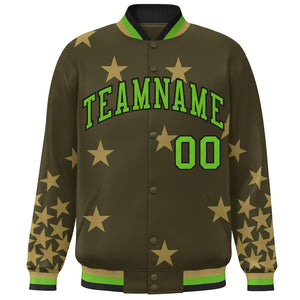 Custom Olive Green-Black Star Graffiti Pattern Varsity Full-Snap Bomber Jacket