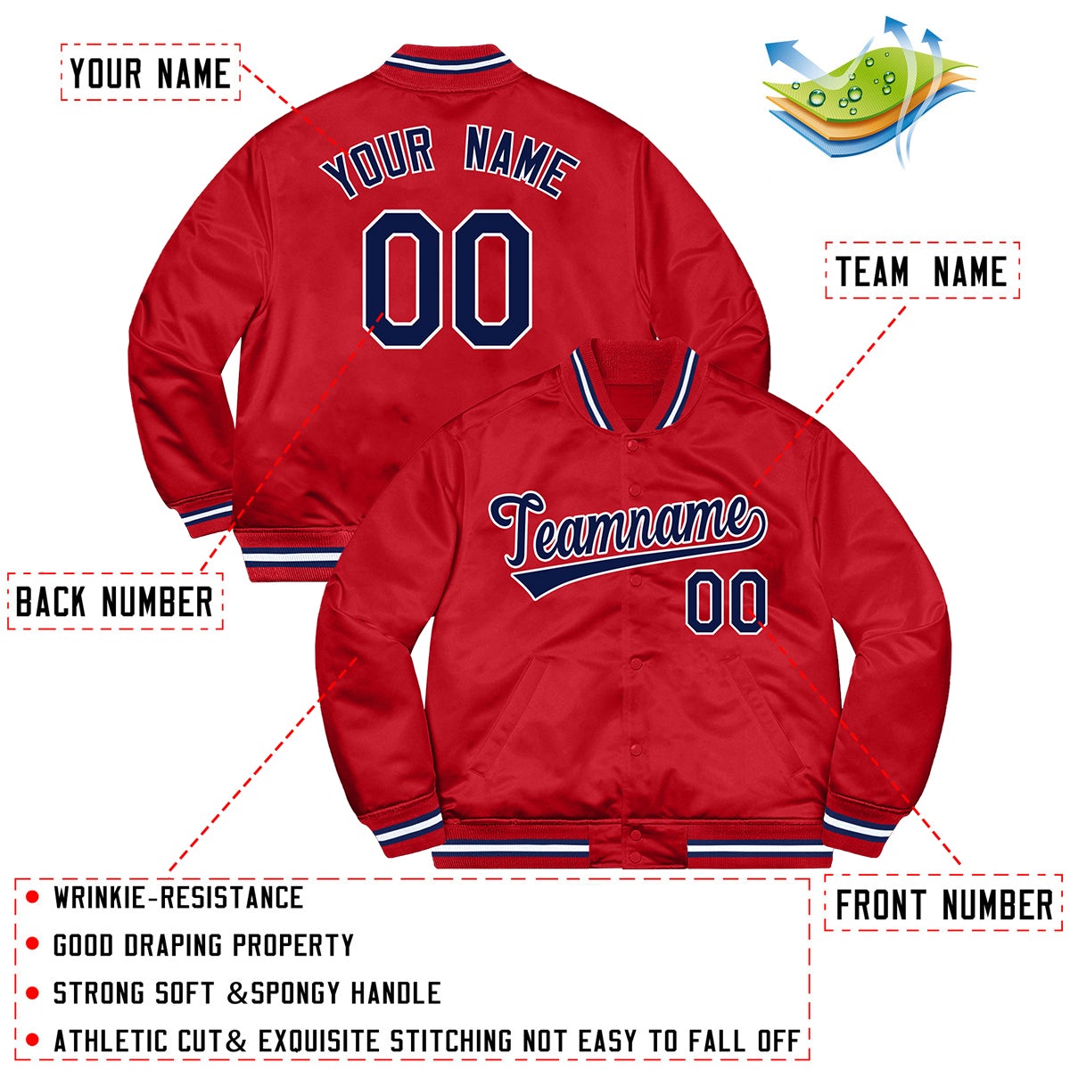 Custom Red Navy-White Letterman Solider Classic Style Varsity Full-Snap Jacket